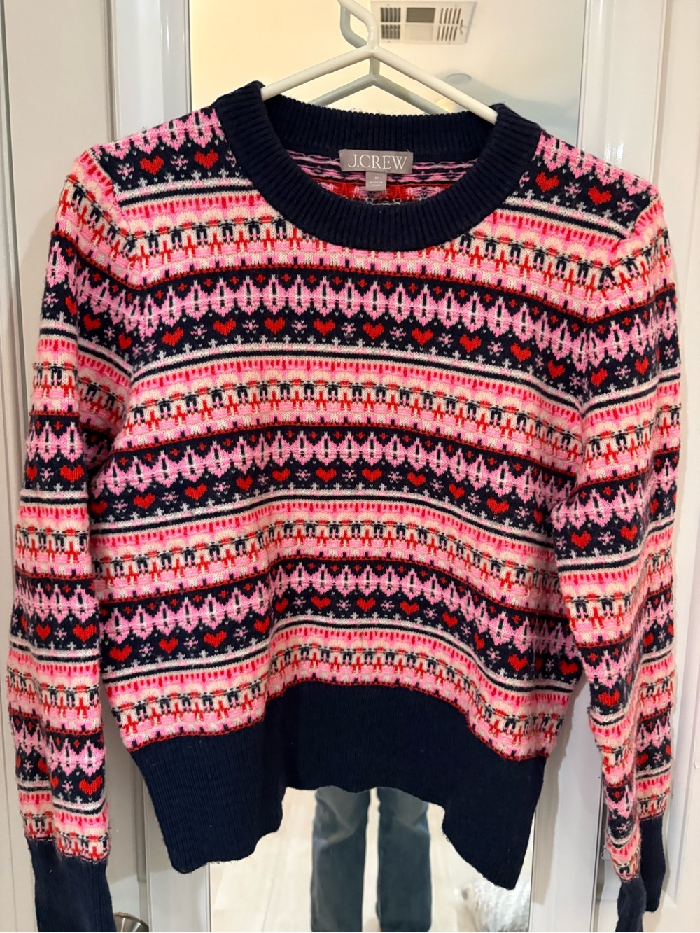 J. Crew Navy, Pink and Red Fair Isle Crewneck Sweater
